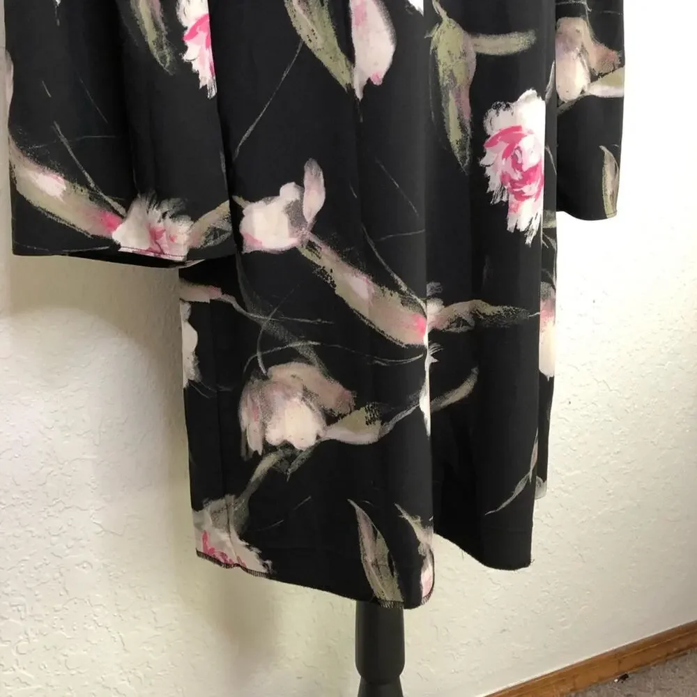 WHBM black pink floral v neck bell sleeve dress size 10
